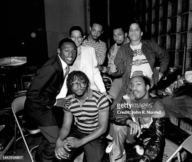 American hiphop musician and rapper Sparky Dee and American old-school rapper and producer Spyder D pose for a portrait with friends, Taunton,...