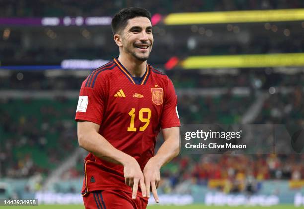 Carlos Soler of Spain celebrates after scoring their team's sixth goal during the FIFA World Cup Qatar 2022 Group E match between Spain and Costa...