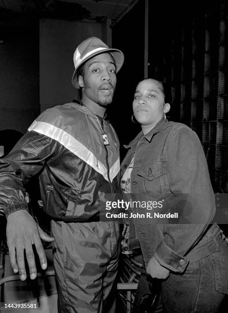 American old-school rapper and producer Spyder D and American hip-hop musician and rapper Sparky Dee pose for a portrait, Taunton, Massachusetts,...