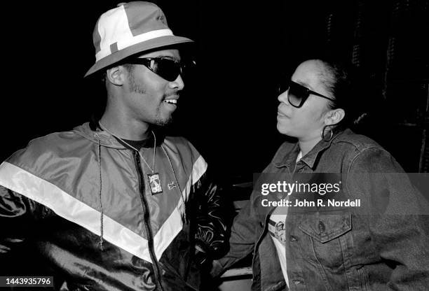 American old-school rapper and producer Spyder D and American hip-hop musician and rapper Sparky Dee smile at each other, Taunton, Massachusetts,...