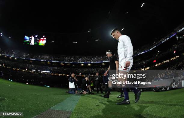 Owen Farrell, the England captain, walks onto the pitch for his 100th international appearance walks onto the pitch during the Autumn International...