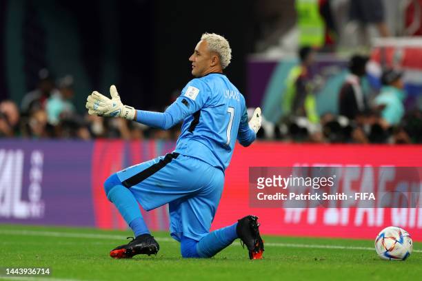 Keylor Navas of Costa Rica reacts after conceding a seventh goal during the FIFA World Cup Qatar 2022 Group E match between Spain and Costa Rica at...