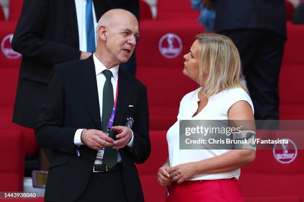 President of the German Football Association , Bernd Neuendorf & German Federal Minister of the Interior and Community Nancy Faeser look on prior to...