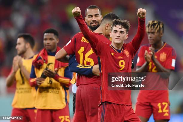 Gavi of Spain applauds fans after the 7-0 win during the FIFA World Cup Qatar 2022 Group E match between Spain and Costa Rica at Al Thumama Stadium...