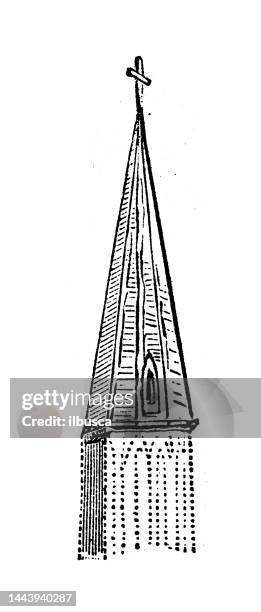 illustrazioni stock, clip art, cartoni animati e icone di tendenza di illustrazione dell'incisione antica: torre della chiesa - campanile orologio