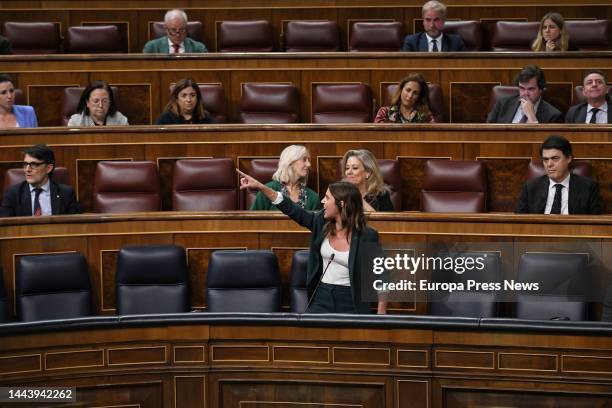 The Minister of Equality, Irene Montero, speaks in a plenary session at the Congress of Deputies, on 23 November, 2022 in Madrid, Spain. The General...