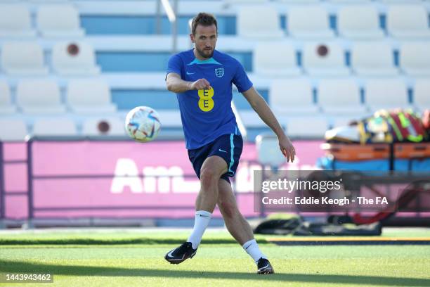 Harry Kane of England in action during a training session at Al Wakrah Stadium on November 23, 2022 in Doha, Qatar.