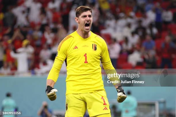 Thibaut Courtois of Belgium shouts after saving the penalty taken by Alphonso Davies of Canada during the FIFA World Cup Qatar 2022 Group F match...