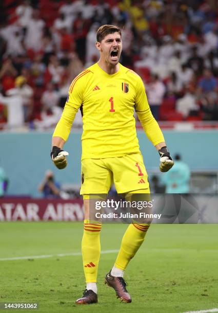 Thibaut Courtois of Belgium shouts after saving the penalty taken by Alphonso Davies of Canada during the FIFA World Cup Qatar 2022 Group F match...