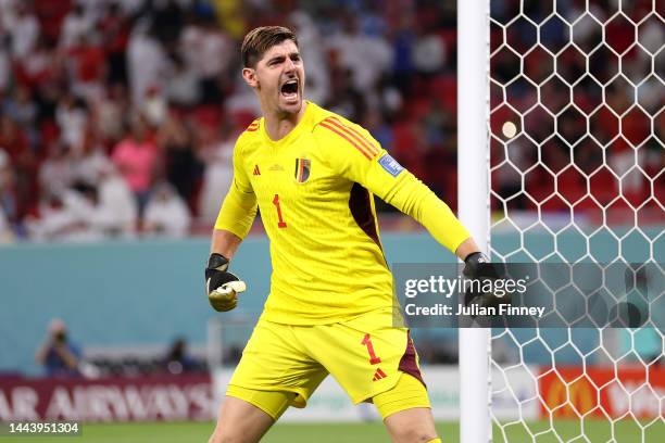 Thibaut Courtois of Belgium celebrates after saving the penalty taken by Alphonso Davies of Canada during the FIFA World Cup Qatar 2022 Group F match...