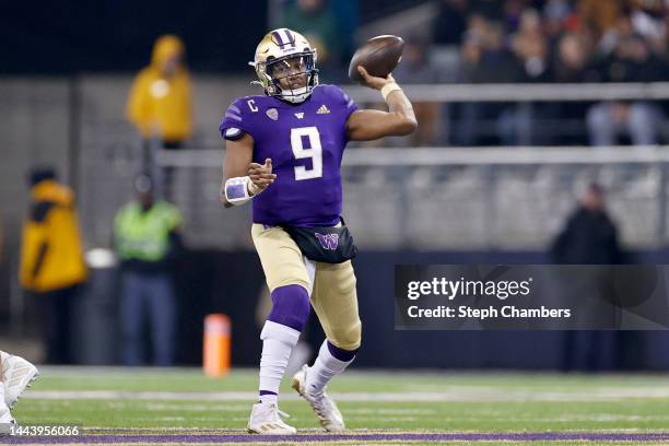 Michael Penix Jr. #9 of the Washington Huskies passes during the second quarter against the Colorado Buffaloes at Husky Stadium on November 19, 2022...