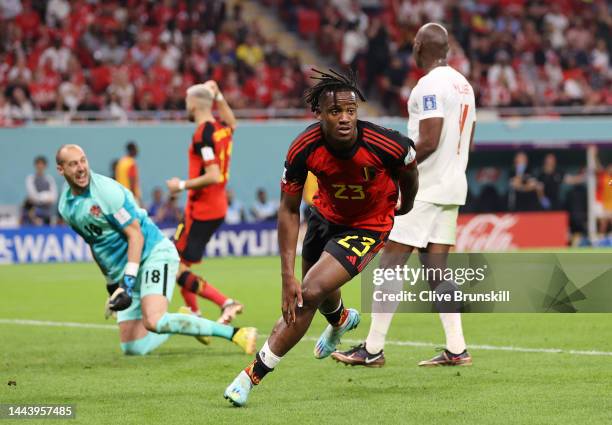 Michy Batshuayi of Belgium celebrates scoring their first goal during the FIFA World Cup Qatar 2022 Group F match between Belgium and Canada at Ahmad...