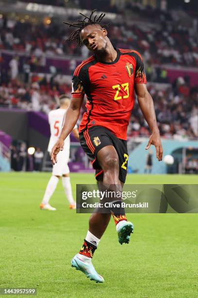 Michy Batshuayi of Belgium celebrates scoring their first goal during the FIFA World Cup Qatar 2022 Group F match between Belgium and Canada at Ahmad...