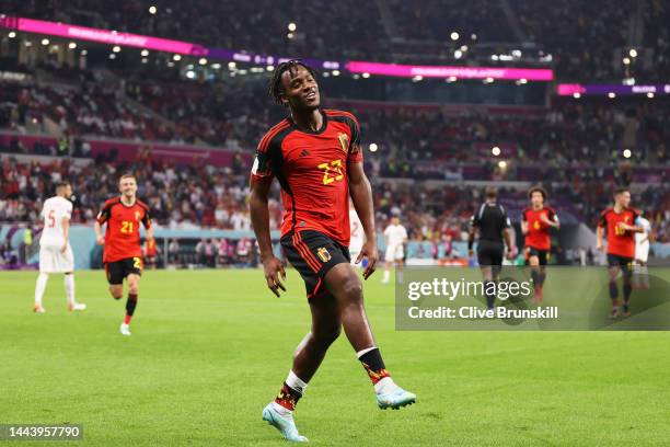 Michy Batshuayi of Belgium celebrates scoring their first goal during the FIFA World Cup Qatar 2022 Group F match between Belgium and Canada at Ahmad...