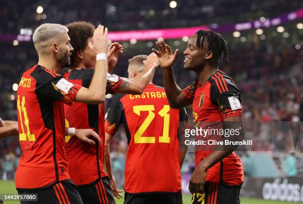 Michy Batshuayi of Belgium celebrates with teammates after scoring their first goal during the FIFA World Cup Qatar 2022 Group F match between...