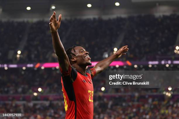 Michy Batshuayi of Belgium celebrates scoring their first goal during the FIFA World Cup Qatar 2022 Group F match between Belgium and Canada at Ahmad...