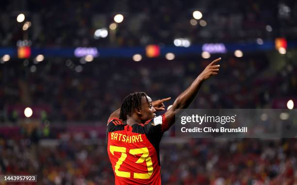 Michy Batshuayi of Belgium celebrates scoring their first goal during the FIFA World Cup Qatar 2022 Group F match between Belgium and Canada at Ahmad...