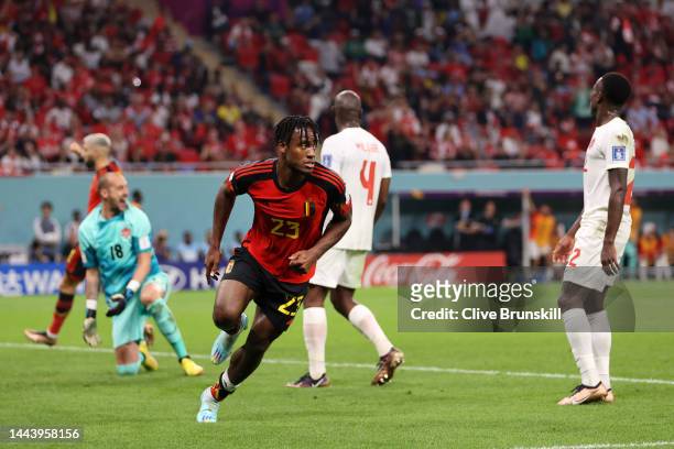 Michy Batshuayi of Belgium celebrates scoring their first goal during the FIFA World Cup Qatar 2022 Group F match between Belgium and Canada at Ahmad...