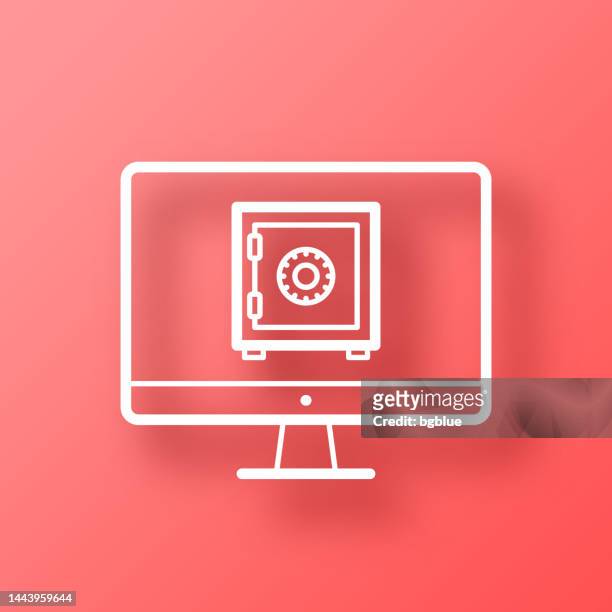 desktop-computer mit safe. symbol auf rotem hintergrund mit schatten - safety deposit box stock-grafiken, -clipart, -cartoons und -symbole
