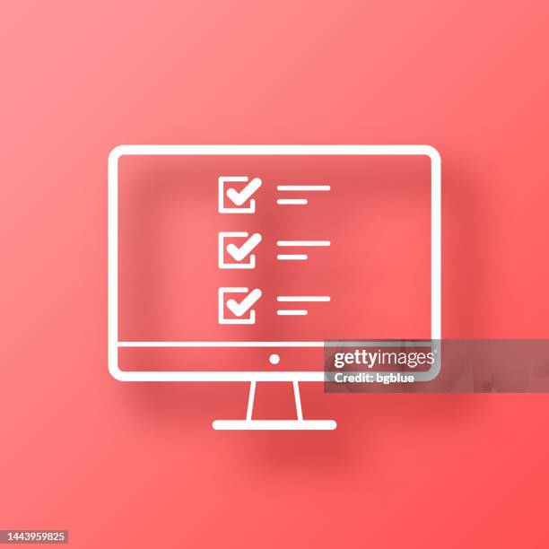 desktop computer with checklist. icon on red background with shadow - using desktop computer at home stock illustrations