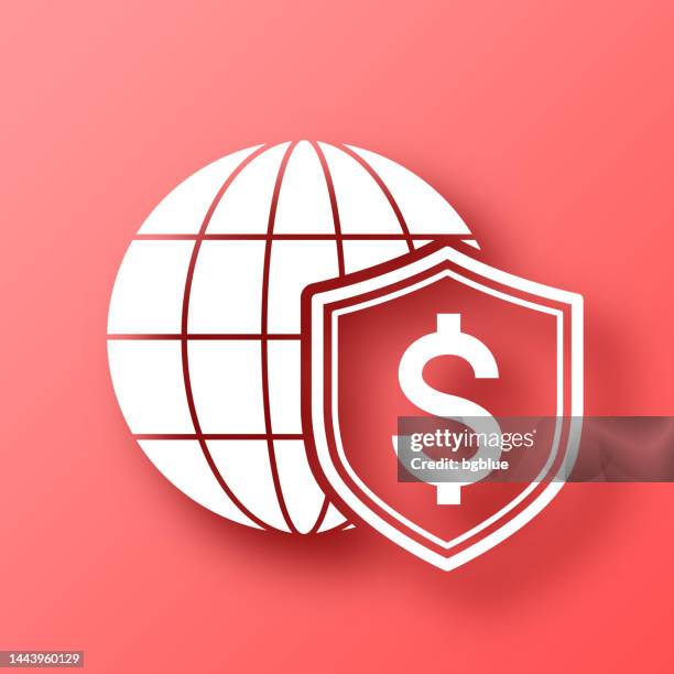 dollar shield with globe. icon on red background with shadow - save planet stock illustrations
