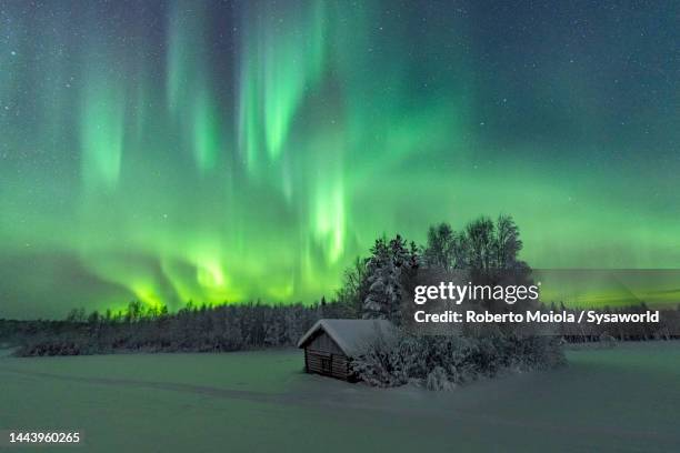 wood chalet under northern lights in the snowy forest - sweden winter stock pictures, royalty-free photos & images