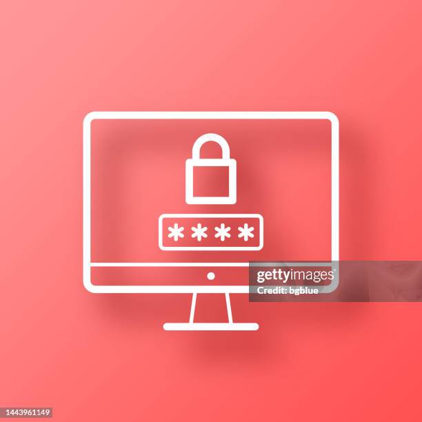 desktop computer with password. icon on red background with shadow - computer login screen stock illustrations