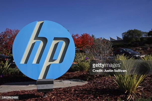 Sign is posted in front of a Hewlett Packard office on November 23, 2022 in Palo Alto, California. HP has announced plans to lay off 12 percent of...