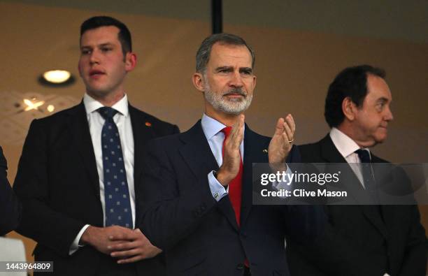 King Felipe VI of Spain applauds prior to the FIFA World Cup Qatar 2022 Group E match between Spain and Costa Rica at Al Thumama Stadium on November...