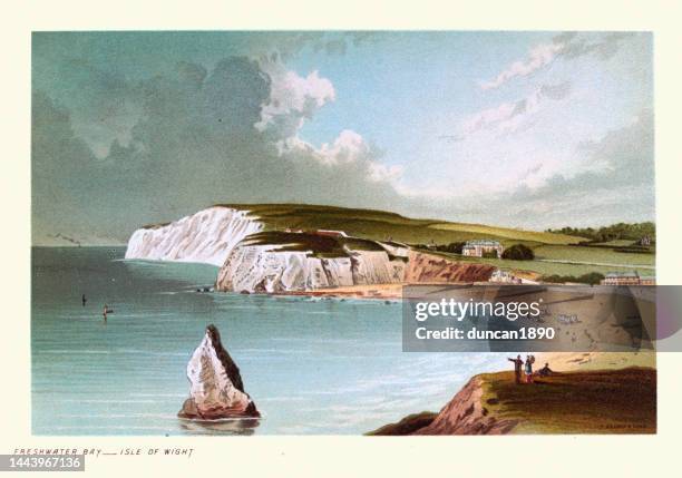 freshwater bay, isle of wight, picturesque beach, white chalk cliffs, victorian, seaside, 19th century - freshwater bay isle of wight stock illustrations