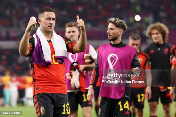 Eden Hazard of Belgium applaud fans after the 1-0 win during the FIFA World Cup Qatar 2022 Group F match between Belgium and Canada at Ahmad Bin Ali...