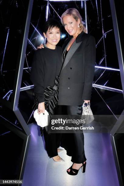 Sandra Choi and Hannah Coleman attend Claridge's Christmas Tree 2022 Party with Jimmy Choo at Claridge's hotel on November 23, 2022 in London,...