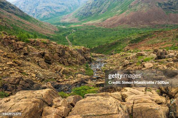 high angle view of valley,quebec,canada - parc national de la gaspésie stock pictures, royalty-free photos & images