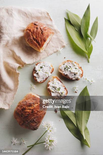 wild garlic and bread - cream cheese stock pictures, royalty-free photos & images