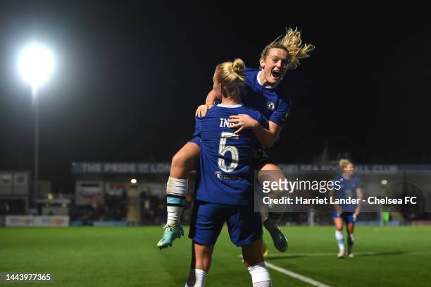 Sophie Ingle of Chelsea celebrates with teammate Erin Cuthbert after scoring her team's first goal during the UEFA Women's Champions League group A...