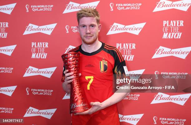 Kevin De Bruyne of Belgium poses with the Budweiser Player of The Match trophy following the FIFA World Cup Qatar 2022 Group F match between Belgium...