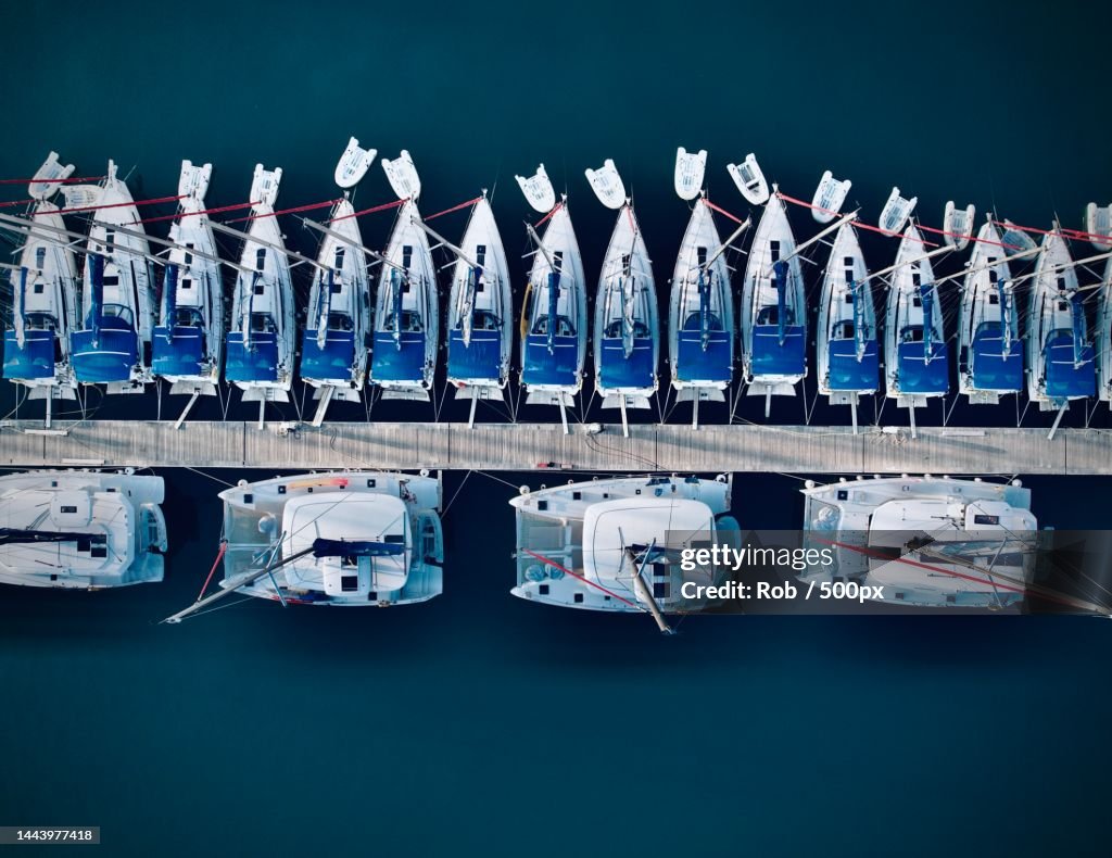Aerial view of boats moored on sea