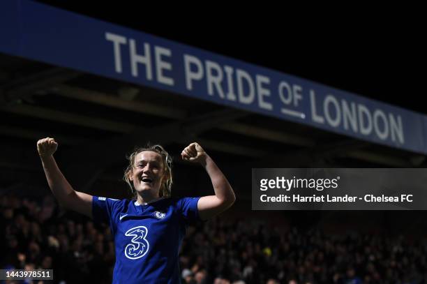Erin Cuthbert of Chelsea celebrates after scoring her team's second goal during the UEFA Women's Champions League group A match between Chelsea FC...