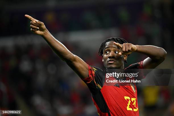 Michy Batshuayi of Belgium celebrates his goal during the FIFA World Cup Qatar 2022 Group F match between Belgium and Canada at Ahmad Bin Ali Stadium...