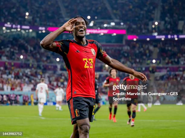 Michy Batshuayi of Belgium celebrates after scoring his team's first goal during the FIFA World Cup Qatar 2022 Group F match between Belgium and...