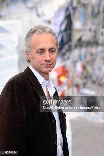 Italian journalist and author Marco Travaglio poses on the set of "Anestesia" spot on May 5, 2012 in Bologna, Italy.