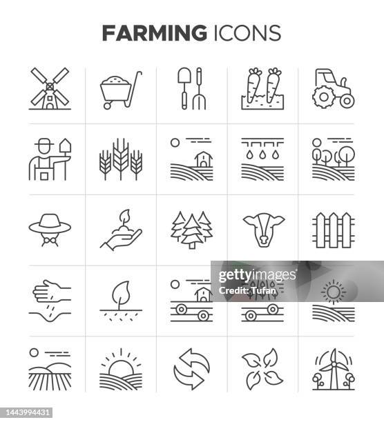 ilustraciones, imágenes clip art, dibujos animados e iconos de stock de conjunto de iconos agrícolas: granja y agricultura, crecimiento de plantas, símbolos de jardinería - farm stock illustrations