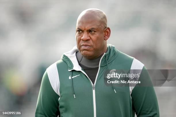 Head coach Mel Tucker of the Michigan State Spartans looks on against the Indiana Hoosiers at Spartan Stadium on November 19, 2022 in East Lansing,...