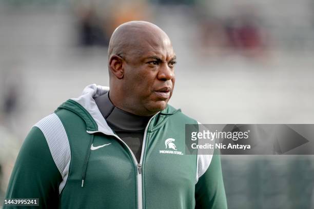 Head coach Mel Tucker of the Michigan State Spartans looks on against the Indiana Hoosiers at Spartan Stadium on November 19, 2022 in East Lansing,...