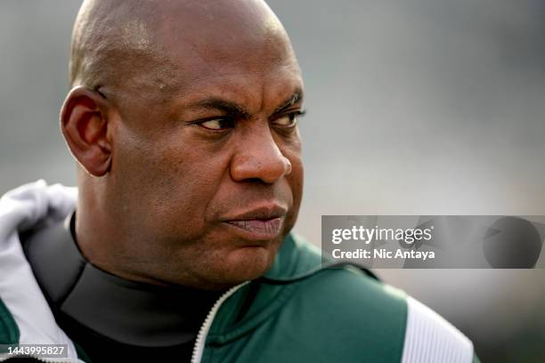 Head coach Mel Tucker of the Michigan State Spartans looks on against the Indiana Hoosiers at Spartan Stadium on November 19, 2022 in East Lansing,...