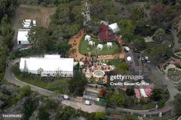 Aerial view of the wedding of Adam Sandler and Jackie Sandler in Malibu is seen on June 22, 2003 in Los Angeles, California.