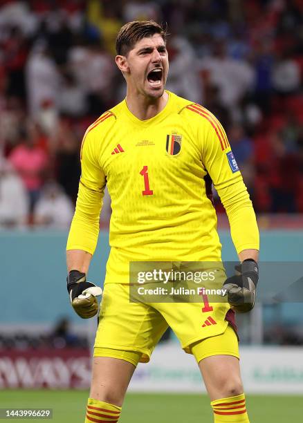 Thibaut Courtois of Belgium celebrates saving the penalty taken by Alphonso Davies of Canada during the FIFA World Cup Qatar 2022 Group F match...