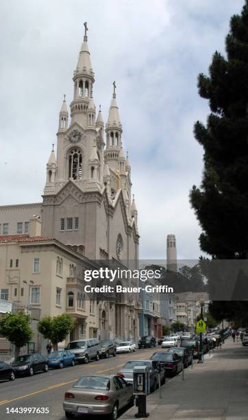Exterior view of Saints Peter and Paul Church is seen on June 07, 2003 in San Francisco, California.