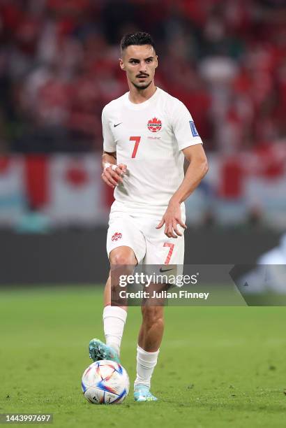 Stephen Eustaquio of Canada in action during the FIFA World Cup Qatar 2022 Group F match between Belgium and Canada at Ahmad Bin Ali Stadium on...