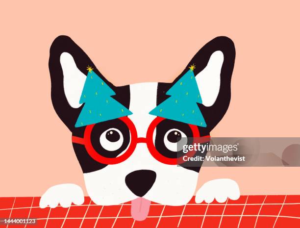 happy dog with christmas tree glasses illustration - happy new month stockfoto's en -beelden